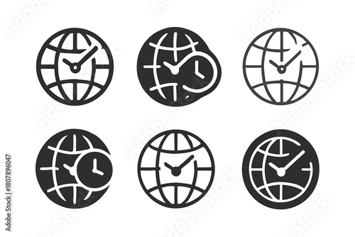 Time Zone Icons. Time zone awareness tools. Icon set. Set Logo of Time zone awareness tools: Calendar with global time. harmonious logo variations of the same