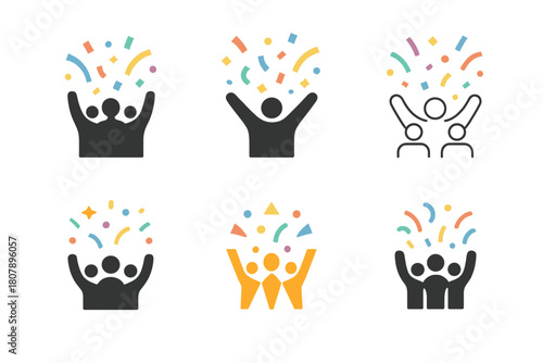 Celebration Logo Variations. Mass celebration. Icon set. Set Logo of mass celebration: dancing figures under confetti and lights. harmonious logo variations of