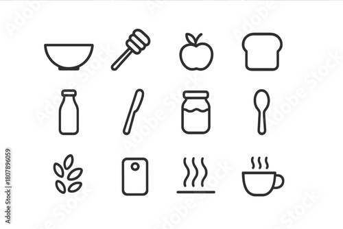 Homemade Breakfast Icons. Homemade breakfast. Line icon set of homemade breakfast: bowl, honey dipper, fruit, toast, milk bottle, butter knife, jam jar, spoon,