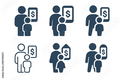 Family Finance Icons. Tracking family finances using an app. Icon set. Set Logo of tracking family finances using an app: family budget dashboard. harmonious