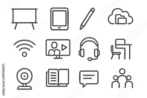 Digital Classroom Icons. Digital classrooms. Line icon set of digital classrooms: smartboard, tablet, stylus pen, cloud files, wifi signal, teacher screen,