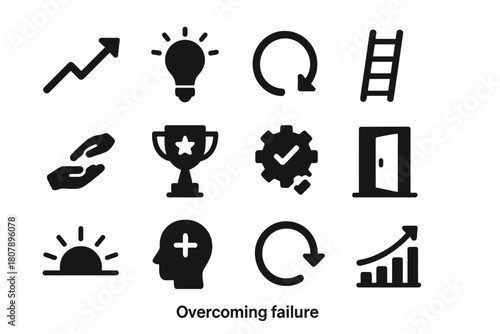 Overcoming Failure Icons. Overcoming failure. Solid icon set of Overcoming failure: rising arrow, lightbulb idea, restart button, ladder climb, hand support,