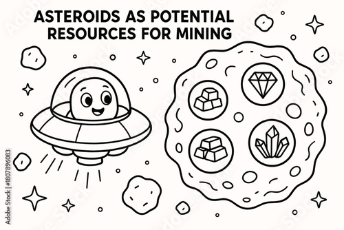 Asteroid Mining Adventure. Asteroids as potential resources for mining children?s coloring book illustration, outlined drawing, friendly spaceship approaching