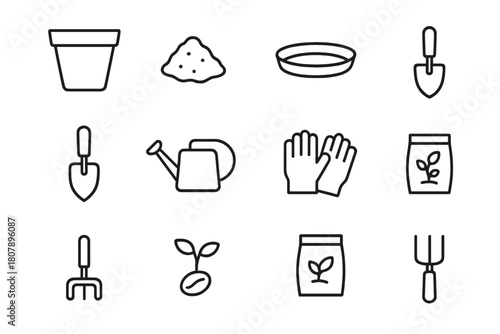 Gardening Tools Icon Set. Gardening pot. Line icon set of Gardening pot: plant pot, soil, saucer, trowel, shovel, watering can, gardening gloves, seeds packet,