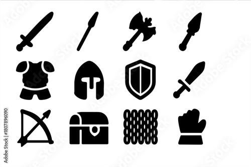 Medieval Armory Icons. Medieval armory. Solid icon set of medieval armory: sword, spear, axe, mace, armor, helmet, shield, dagger, bow, chest, chainmail,