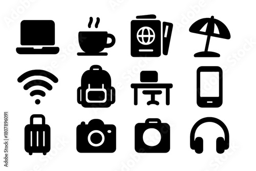 Digital Nomad Icons. Digital nomad lifestyle and travel work. Icon set. Set Logo of Digital nomad lifestyle and travel work: Airplane with laptop. harmonious