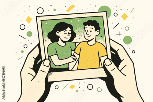 Sentimental Dusty Photograph. Dusty Photograph. Hands holding an aged, dusty photograph with floating abstract geometric dust particles and soft glowing