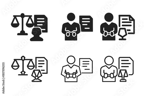 Crime Scene Icons. Person Arrested on Suspicion of Crime. Icon set. Set Logo of Arrest Scene: legal scales and document. harmonious logo variations of the same