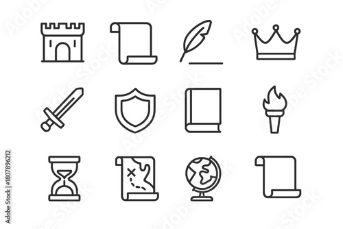 Historic Icons Set. Historical stories. Line icon set of historical stories: castle, scroll, quill, crown, sword, shield, book, torch, hourglass, map, globe,