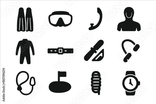 Freediving Gear Icons. Freediving gear. Solid icon set of Freediving gear: long fins, low-volume mask, snorkel, wetsuit, weight belt, dive knife, nose clip,