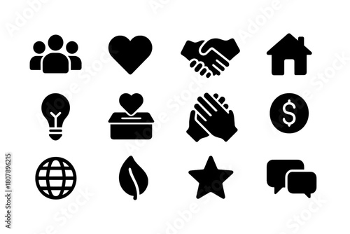 Community Icons Set. Community support. Solid icon set of community support: people group, heart, handshake, home, lightbulb, donation box, hands together,