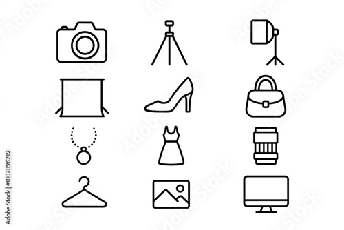 Clean Product Icons. Product Photography. Line icon set of Product Photography: camera, tripod, light, backdrop, shoe, bag, jewelry, dress, lens, hanger, photo