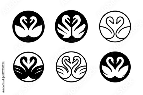 Elegant Swan Emblems. Swans. Icon set. Set Logo of swans: mirrored twin swans in circular frame. harmonious logo variations of the same emblematic concept,