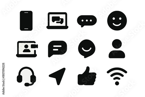 Online Conversation Icons. Online conversations. Solid icon set of Online conversations: smartphone, laptop chat window, typing dots, emoji face, video call,