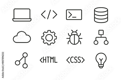 Software Engineering Icons. Software engineer tools. Line icon set of software engineer tools: laptop, code brackets, terminal, database, cloud, gear, bug,