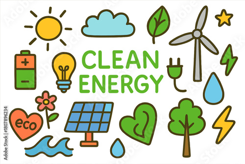 Colorful Clean Energy Doodle. Clean Energy. Colorful Hand-drawn doodle Children illustration Clean Energy sun, cloud, leaf, battery, light bulb, solar panel,