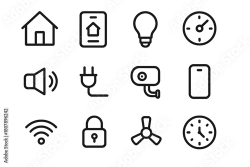 Smart Home Icon Set. Home automation. Line icon set of home automation: smartphone, Wi-Fi, thermostat, lamp, light bulb, outlet, remote control, gear, plug,