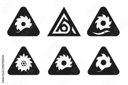Saw Blade Logos. Power saw blade. Icon set. Set Logo of Power Saw Blade: stylized saw blade in warning triangle. harmonious logo variations of the same