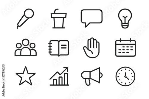 Public Speaking Icons. Public speaking. Line icon set of public speaking: microphone, podium, audience, speech bubble, light bulb, notebook, hand gesture,