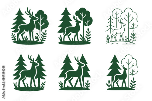 Forest Ecosystem Logos. forest ecosystem. Icon set. Set Logo of forest ecosystem: sun and water cycle over forest. harmonious logo variations of the same