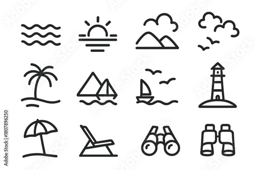 Beach Icon Set. Beach stroll. Solid icon set of beach stroll: couple, wave, sun, shell, umbrella, heart, drink, palm tree, starfish, cloud, hat, sand. Filled