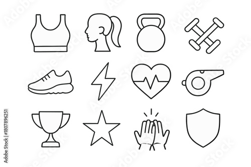 Female Fitness Icons. Female fitness empowerment. Line icon set of female fitness empowerment: sports bra, ponytail silhouette, kettlebell, dumbbell, running