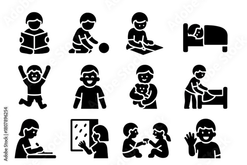 Children's Daily Icons. Capturing Daily Life. Solid icon set of Capturing Daily Life: child reading, playing, drawing, sleeping, jumping, laughing, cuddling