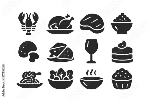 Gourmet Cuisine Icons. Gourmet Cuisine. Solid icon set of Gourmet Cuisine: lobster, roasted turkey, steak, caviar, truffle, cheese platter, wine glass,