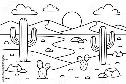 Desert Coloring Fun. Desert landscape children?s coloring book illustration, outlined drawing, wide sandy desert with cacti, rocks, and a setting