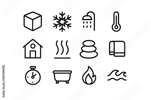 Cold and Heat Icons. Cold and heat therapy. Line icon set of cold and heat therapy: ice cube, snowflake, shower head, thermometer, sauna hut, steam, hot