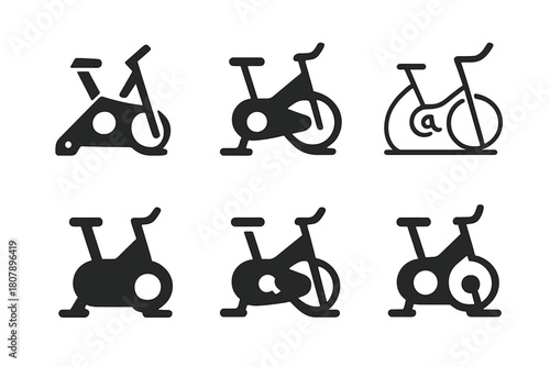 Exercise Bike Logos. exercise bike. Icon set. Set Logo of exercise bike: digital fitness bike with screen. harmonious logo variations of the same emblematic