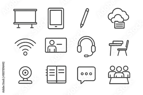 Digital Classroom Icons. Digital classrooms. Line icon set of digital classrooms: smartboard, tablet, stylus pen, cloud files, wifi signal, teacher screen,