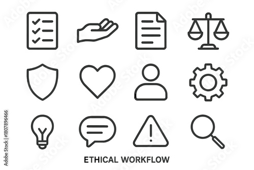 Ethical Workflow Icons. Ethical workflow. Line icon set of Ethical workflow: checklist, hand, document, scale, shield, heart, user profile, gear, light bulb,