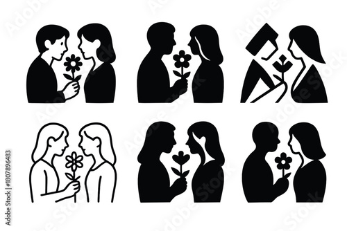 Romantic Logos Grid. Romantic spontaneity in long-term relationships. Icon set. Set Logo of romantic spontaneity in long-term relationships: couple silhouettes