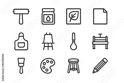Printmaking Tools Icons. Printmaking. Line icon set of printmaking: roller, ink, printing plate, paper, apron, easel, carving tool, press, brush, palette,