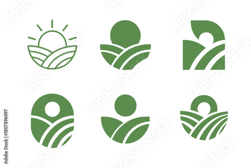 Sustainable Farming Icons. Sustainable farming. Icon set. Set Logo of Sustainable farming: Tractor in field. harmonious logo variations of the same emblematic