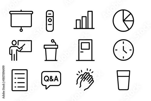 Meeting Icons Set. Meetings and presentations. Line icon set of meetings and presentations: projector screen, clicker, bar chart, pie chart, pointer, podium,