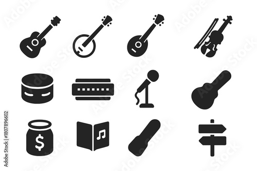 Indie Folk Icons. Indie Folk Street Performers. Solid icon set of Indie Folk Street Performers: acoustic guitar, banjo, mandolin, fiddle, hand drum, harmonica,