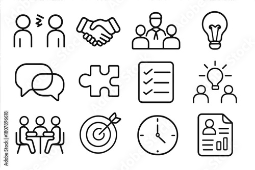 Conflict Resolution Icons. Conflict Resolution. Line icon set of Conflict Resolution: handshake, dove, heart, flag, scale, document, peace symbol, olive