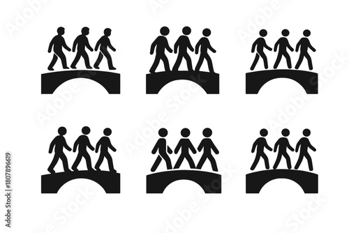 Migrant Rights Icons. Migrant rights. Icon set. Set Logo of Migrant Rights: abstract figure carrying a suitcase within a circle. harmonious logo variations of