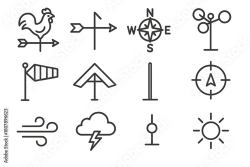 Weather Vane Icons. Weather vanes. Line icon set of weather vanes: rooster vane, arrow vane, compass rose, cup anemometer, wind sock, roof ridge, mounting