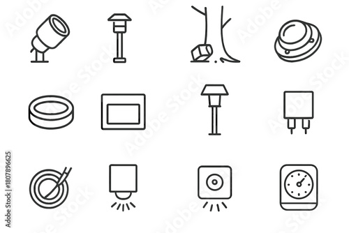 Landscape Lighting Icons. Landscape lighting. Line icon set of landscape lighting: garden spotlight, pathway bollard, tree uplight, pond light, deck light,