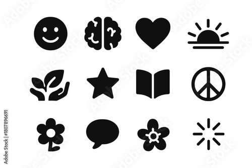 Positive Mindset Icons. Positive mindset. Solid icon set of Positive mindset: smiling face, brain, heart, sunrise, leaf, open hands, star, book, peace symbol,