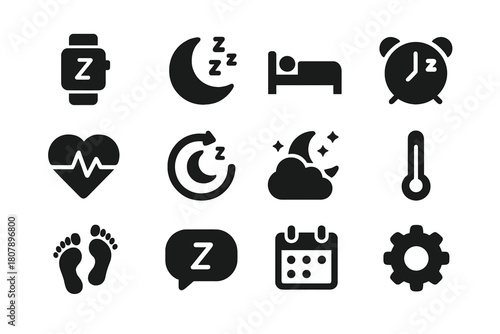 Sleep Tracking Icons. Sleep tracking. Solid icon set of Sleep tracking: smartwatch, moon, bed, alarm, heart rate, sleep cycle, night, thermometer, step