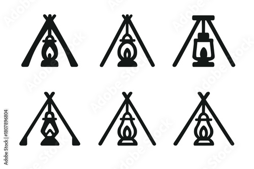 Camping Logo Icons. Group camping adventures. Icon set. Set Logo of group camping adventures: lantern hanging from tripod in shared campsite. harmonious logo