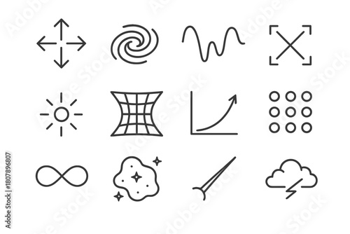 Dark Energy Icons. Dark energy and acceleration. Line icon set of dark energy and acceleration: expanding arrows, galaxy drift, energy wave, vacuum symbol,