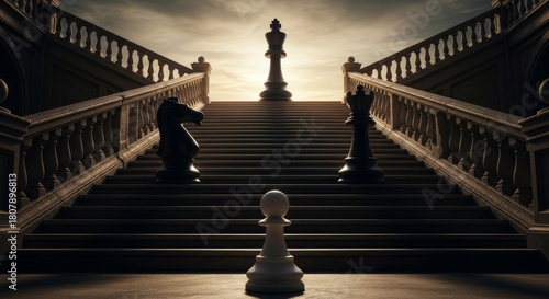 Dramatic Chess Game Pieces on Stairway Leading to Sunlight Illustration