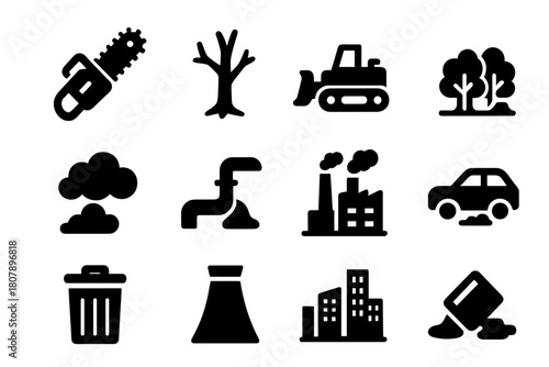 Deforestation Icons Set. Deforestation. Solid icon set of Deforestation: chainsaw, dead tree, bulldozer, forest removal, smoke, pipeline, factory, car, trash,