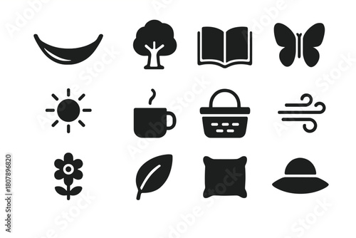 Nature Relaxation Icons. Relaxation in nature. Solid icon set of Relaxation in nature: hammock, tree, open book, butterfly, sunshine, tea mug, picnic basket,