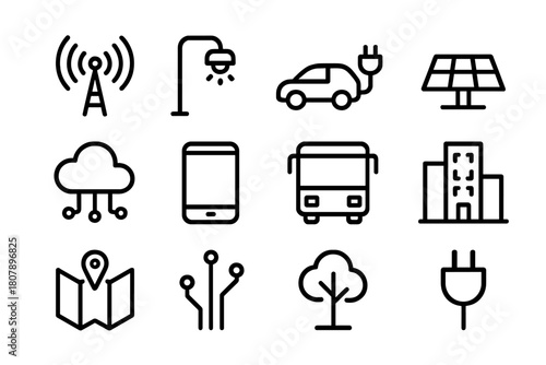 Smart City Icons. Smart city planning. Line icon set of Smart city planning: skyscraper, road, traffic light, bridge, construction crane, apartment building,